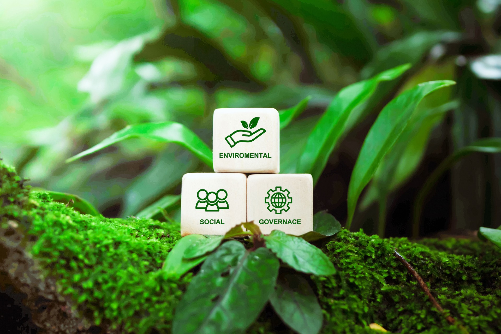 ESG concept of environmental, social and governance.words ESG on a woodblock on beautiful green background, It is an idea for sustainable organizational development. World environment day